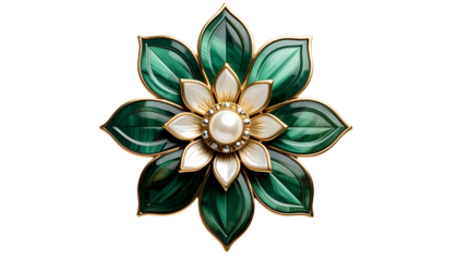 Ornate flower brooch with malachite and pearl against black