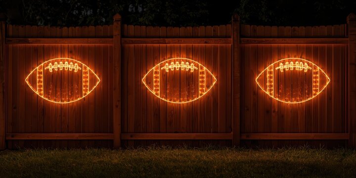 Football-themed neon lights on wooden fence outdoor sports decor nighttime setting vibrant atmosphere