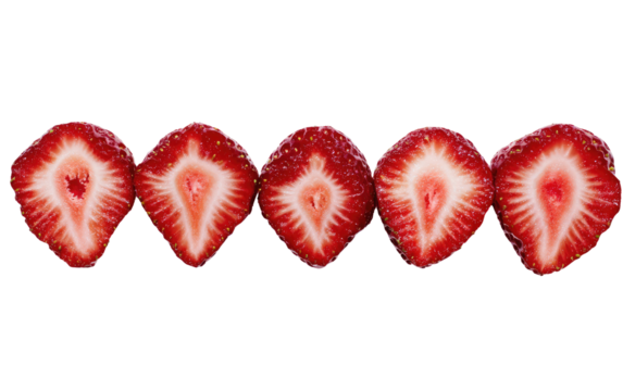 Close-up of five sliced strawberries,  red flesh,  white interior,  arranged horizontally against a black background