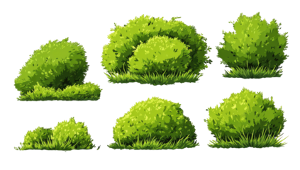 Collection of stylized, vibrant green bushes.  Various shapes and sizes,  on grassy ground.  Detailed textures