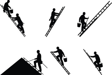 Roof workers climbing ladders silhouette set, construction labor vector, safety gear, bucket, tool, rooftop pose, cad drawing flat vector illustrationv © MdShohanur