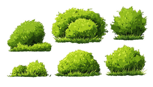 Collection of stylized, vibrant green bushes.  Various shapes and sizes,  on grassy ground.  Detailed textures