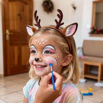 Joyful Girl With Deer Face Paint And Antler Headband Getting Makeup In Home Setting