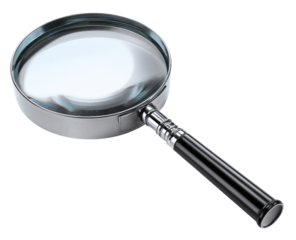 Close-up of a magnifying glass, clear lens, chrome frame, black handle