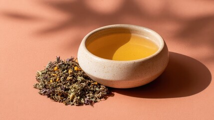 Light Beige Tea Cup Filled With Pale Yellow Tea Next To Loose Dried Herbs On A