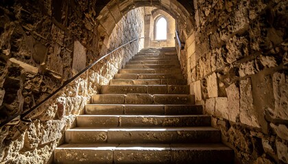 Stone staircase, sunlight from arched window, ascending to unknown destination