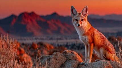 Obraz premium A curious fennec fox exploring a desert landscape at sunset sand dunes in the background exotic pet