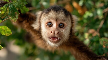 Obraz premium A mischievous capuchin monkey swinging acrobatically between branches grinning widely exotic pet