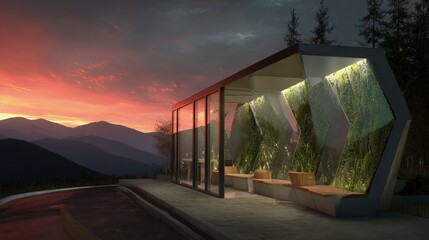Modern Geometric Bus Stop At Sunset Mountain View