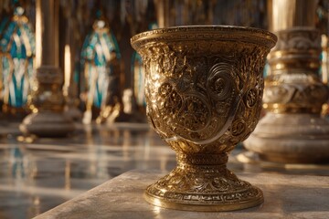 Golden Ornate Goblet On Marble Base In Grand Hall