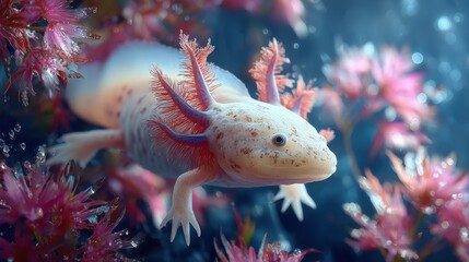 An aloof axolotl floating serenely underwater limbs gently swaying back and forth exotic pet