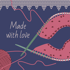 Vector illustration depicting knitting with pink yarn and heart patterns. Green knitting needles create a loving textile backdrop with the phrase Made with love emphasizing craftsmanship. © Elena