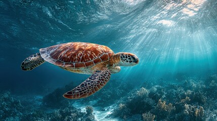 A sea turtle gliding through crystal-clear ocean waters reptiles in their serene underwater world sun rays piercing through