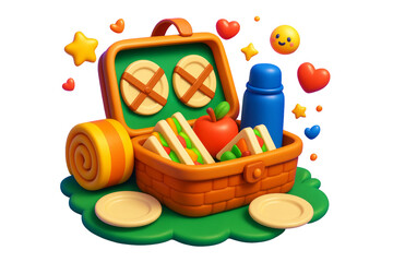 Obraz premium Picnic basket with food, thermos, plates, and emojis in playful graphic style on white isolated background, concept of outdoor lunch fun, Ai generative