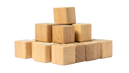 Stacked wooden cubes create a pyramid structure on black
