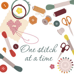 Vector illustration of cross stitch supplies arranged around a heart design on fabric. Includes scissors, threads, embroidery hoop, thimble, and buttons, highlighting a crafting theme.