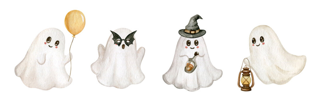 Watercolor set of cute ghosts. Hand drowing happy halloween ghosts, vintage ghost isolated on white background for cards,invitations, posters, stickers, fabric, print.