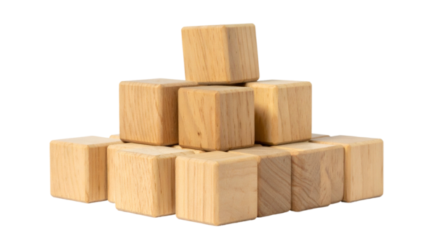 Stacked wooden cubes create a pyramid structure on black