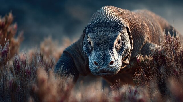A fierce Komodo dragon prowling through dry grasslands reptiles as apex predators in a sunlit environment