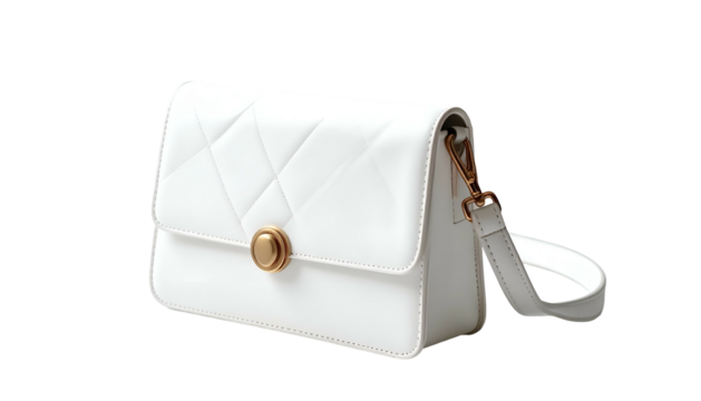 White glossy bag with quilted geometric pattern and gold clasp