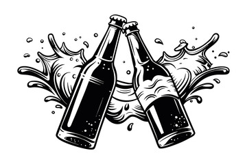 Two beer bottles clinking together with a splash isolated on white background, celebrating a special occasion