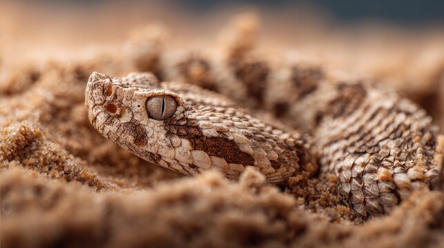 A desert horned viper half-buried in sand reptiles adapted to harsh arid environments with intricate scale patterns