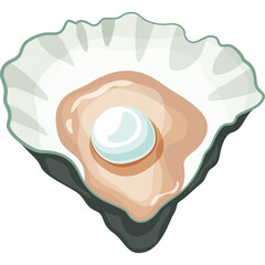 Detailed illustration of an open oyster revealing a luminous white pearl nestled within its soft, pale flesh set against a clean transparent background