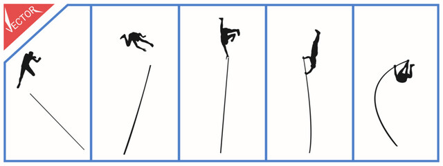 Pole vault silhouette. Sports training. White background. Vector illustration.