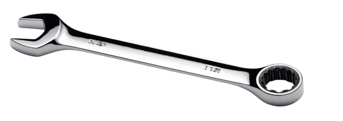 Chrome-plated adjustable wrench with a long, slender handle and a circular socket