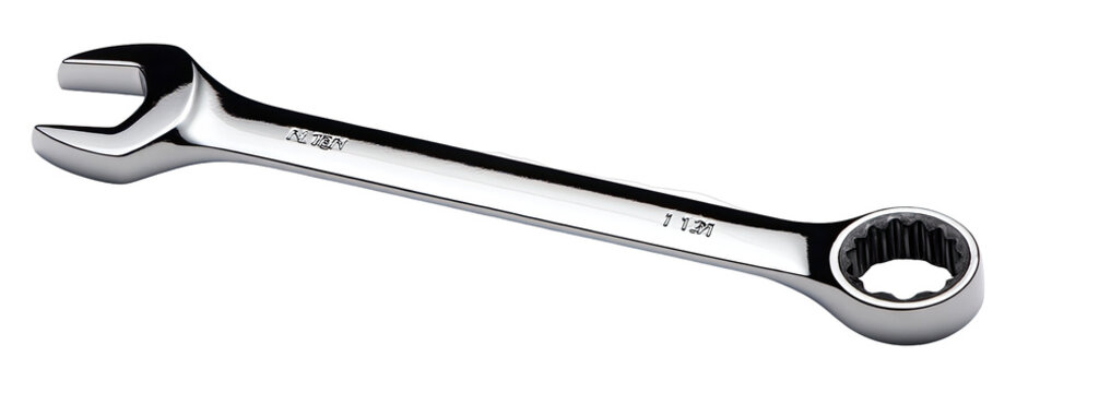 Chrome-plated adjustable wrench with a long, slender handle and a circular socket