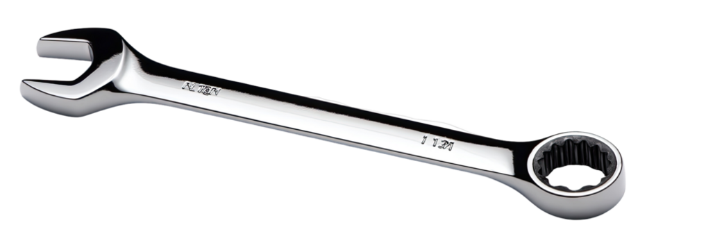 Chrome-plated adjustable wrench with a long, slender handle and a circular socket