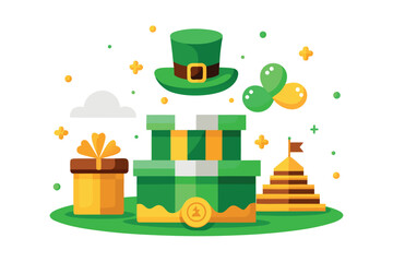 St patricks day themed illustration with gifts and a hat isolated on white background, celebrating irish culture