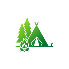 Fototapeta premium Camping Tent with Pine Trees and Campfire on transparent background