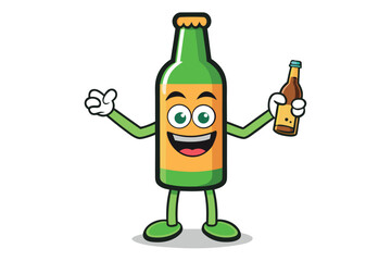 Cartoon beer bottle character holding another bottle isolated on white background