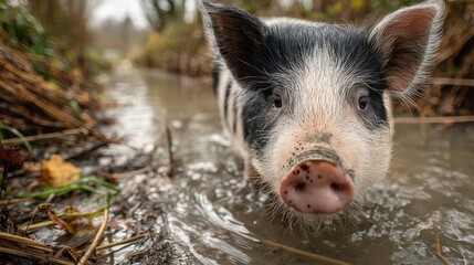 An intelligent potbellied pig rooting enthusiastically in mud puddles snout covered in dirt exotic pet