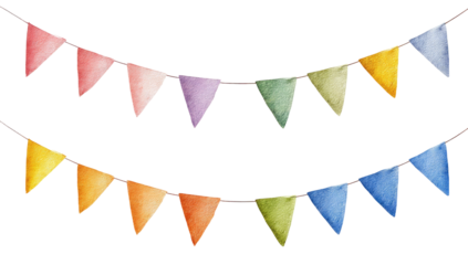 Colorful triangular flags strung in a double row,  watercolour style,  on a dark background