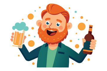 Man with beard holding beer mug and bottle isolated on white background