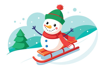 Snowman on sled in winter landscape isolated on white background