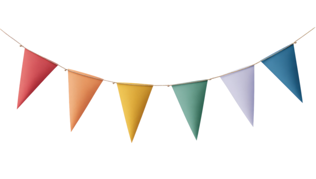 A garland of colorful triangular flags hangs.  The flags are pastel shades of the rainbow, strung on a light-colored cord - Powered by Adobe