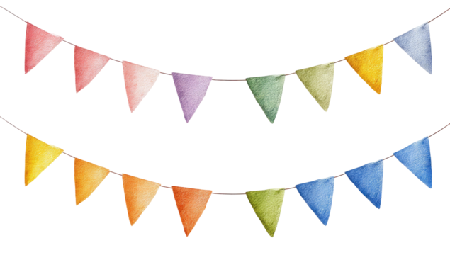 Colorful triangular flags strung in a double row,  watercolour style,  on a dark background