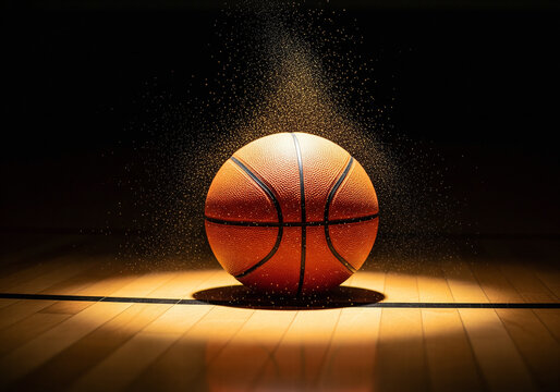 Basketball glowing under a spotlight on a wooden court with golden dust particles - Powered by Adobe