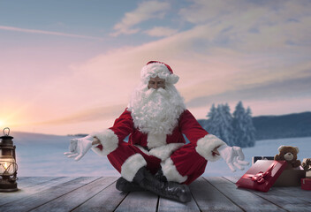 Serene Santa Claus meditating outdoors