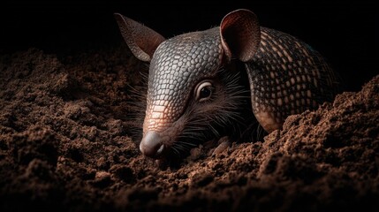 Obraz premium A shy armadillo burrowing quietly beneath soil shell gleaming faintly exotic pet