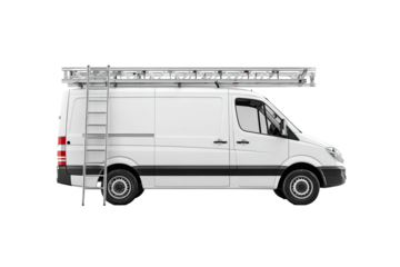 Side view of a white van with a metal ladder rack mounted on the roof