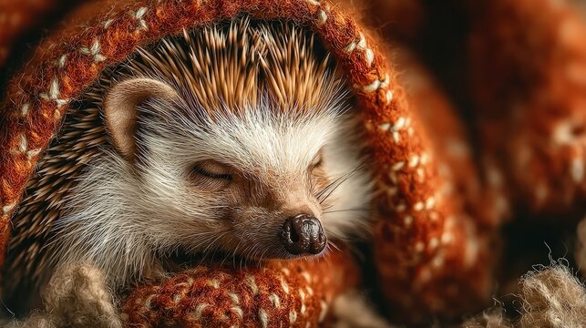An endearing hedgehog curled up tightly asleep amidst soft bedding exotic pet