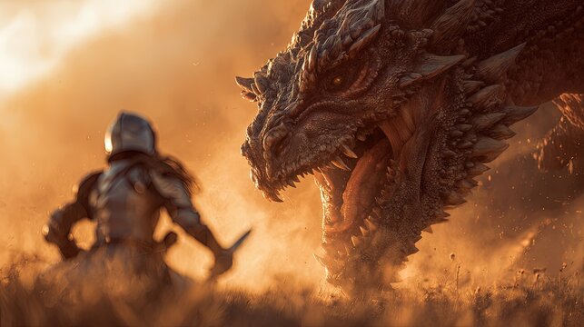 A dragon and knight locked in battle at sunset fiery breath clashing with steel dynamic composition