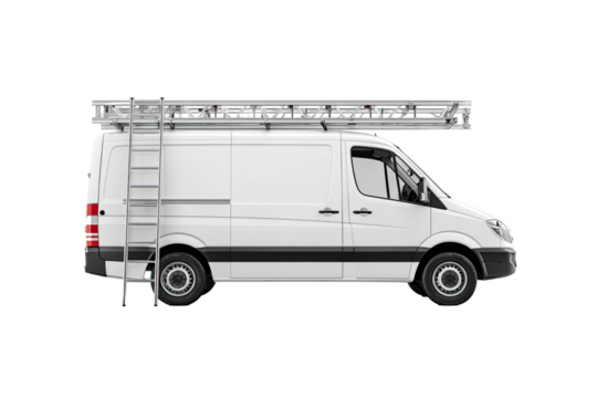 Side view of a white van with a metal ladder rack mounted on the roof