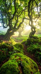 Obraz premium Sunlit forest scene with mossy ground and twisting, ancient trees