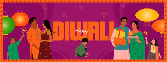Diwali banner, poster design template with Indian people in traditional attire, celebrating Diwali festival vector illustration 