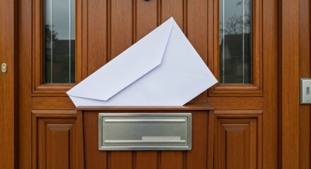 White envelope in a mail slot of a wooden door